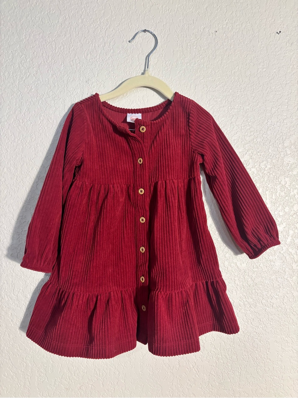 Kids Red Corduroy Button-Front Dress